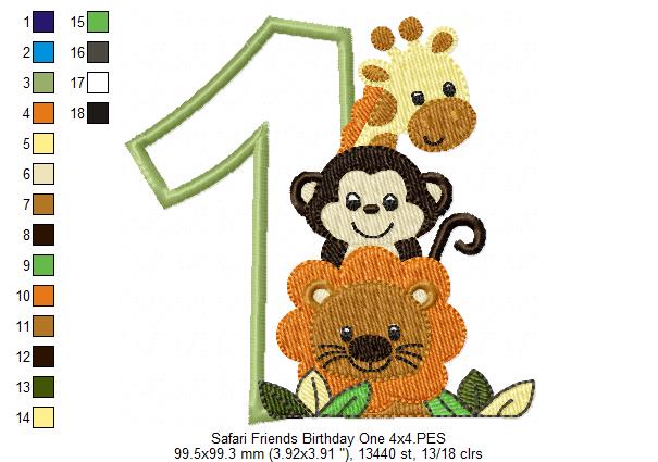 Safari Friends Number One 1st Birthday - Applique Embroidery