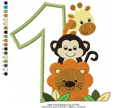 Safari Friends Birthday One – Appliqué – Machine Embroidery Design