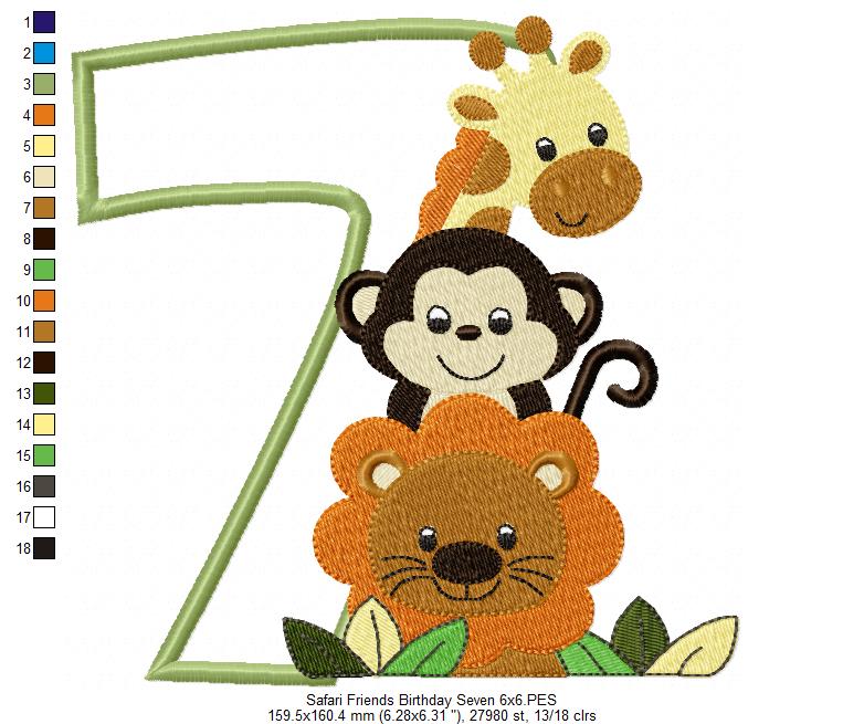 Safari Friends Number Seven 7th Birthday - Applique