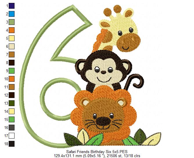 Safari Friends Number Six 6th Birthday - Applique