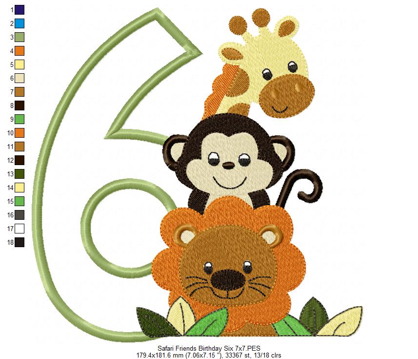 Safari Friends Number Six 6th Birthday - Applique