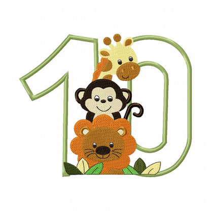 Safari Friends Number Ten 10th Birthday - Applique