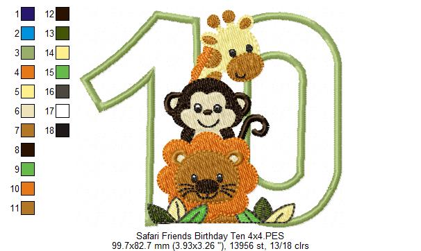 Safari Friends Number Ten 10th Birthday - Applique
