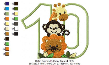 Safari Friends Number Ten 10th Birthday - Applique