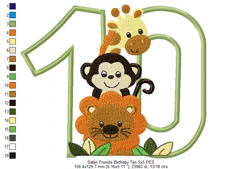 Safari Friends Number Ten 10th Birthday - Applique