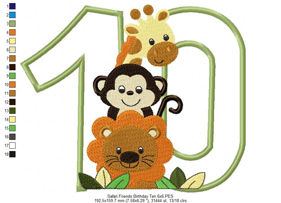 Safari Friends Number Ten 10th Birthday - Applique
