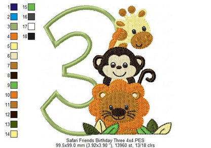 Safari Friends Birthday Three - Appliqué - Machine Embroidery Design