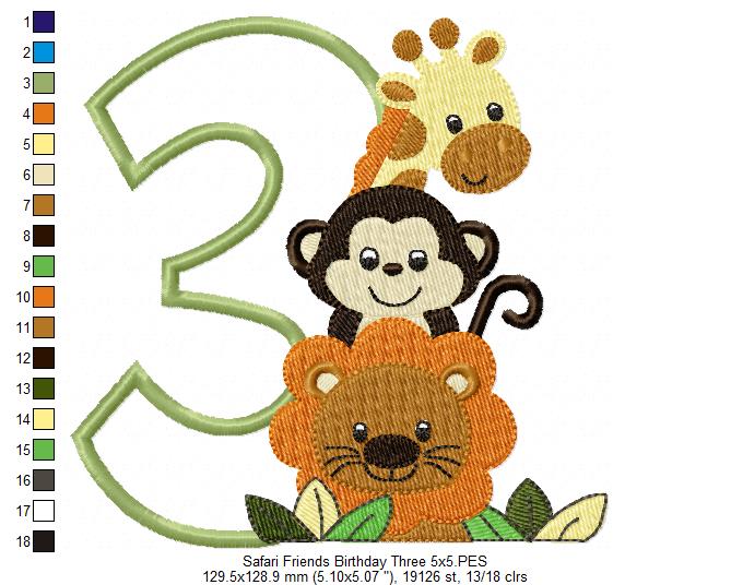 Safari Friends Birthday Three - Appliqué - Machine Embroidery Design