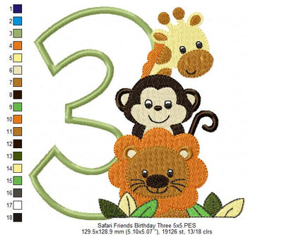 Safari Friends Birthday Three - Appliqué - Machine Embroidery Design