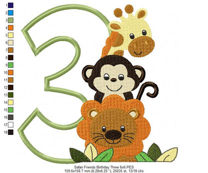 Safari Friends Birthday Three - Appliqué - Machine Embroidery Design