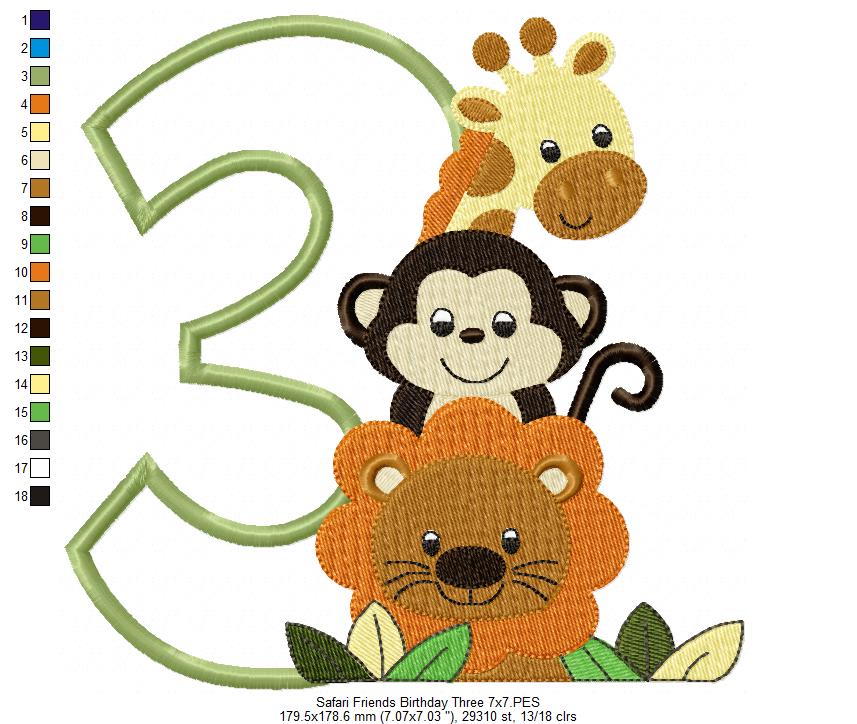 Safari Friends Birthday Three - Appliqué - Machine Embroidery Design