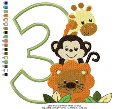 Safari Friends Birthday Three - Appliqué - Machine Embroidery Design