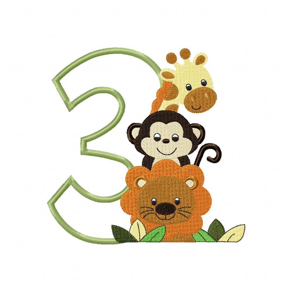 Safari Friends Number Three 3rd Birthday - Applique