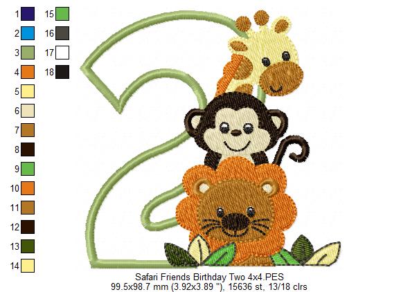 Safari Friends Number Two 2nd Birthday - Applique
