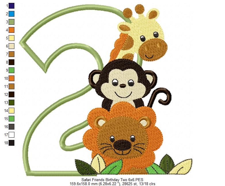 Safari Friends Number Two 2nd Birthday - Applique