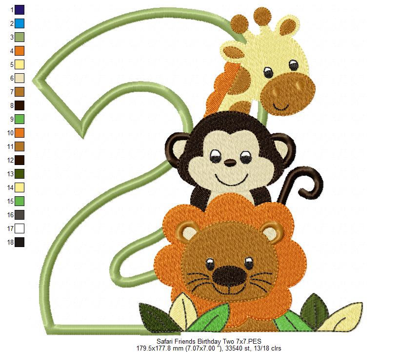 Safari Friends Number Two 2nd Birthday - Applique