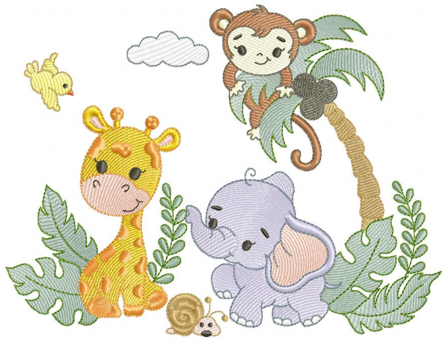 Animals Safari Giraffe, Elephant and Monkey - Fill Stitch