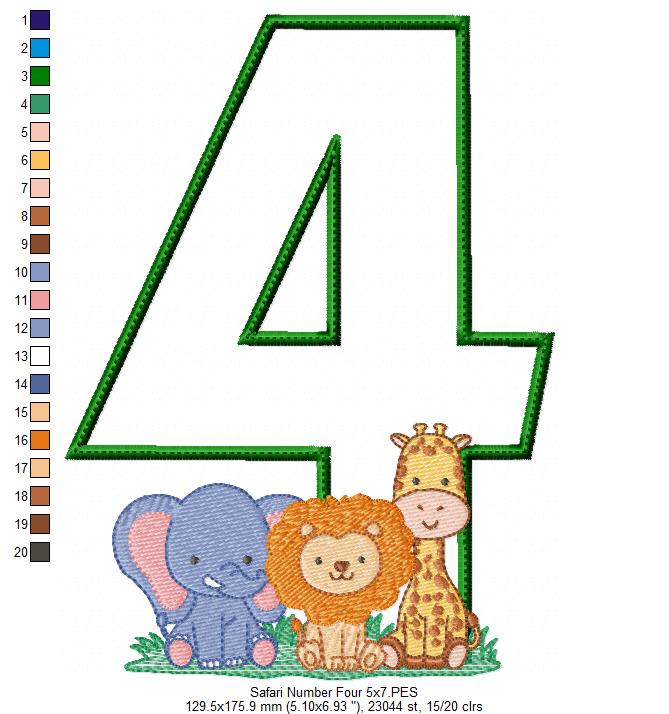 Safari Number Four 4th Birthday - Applique