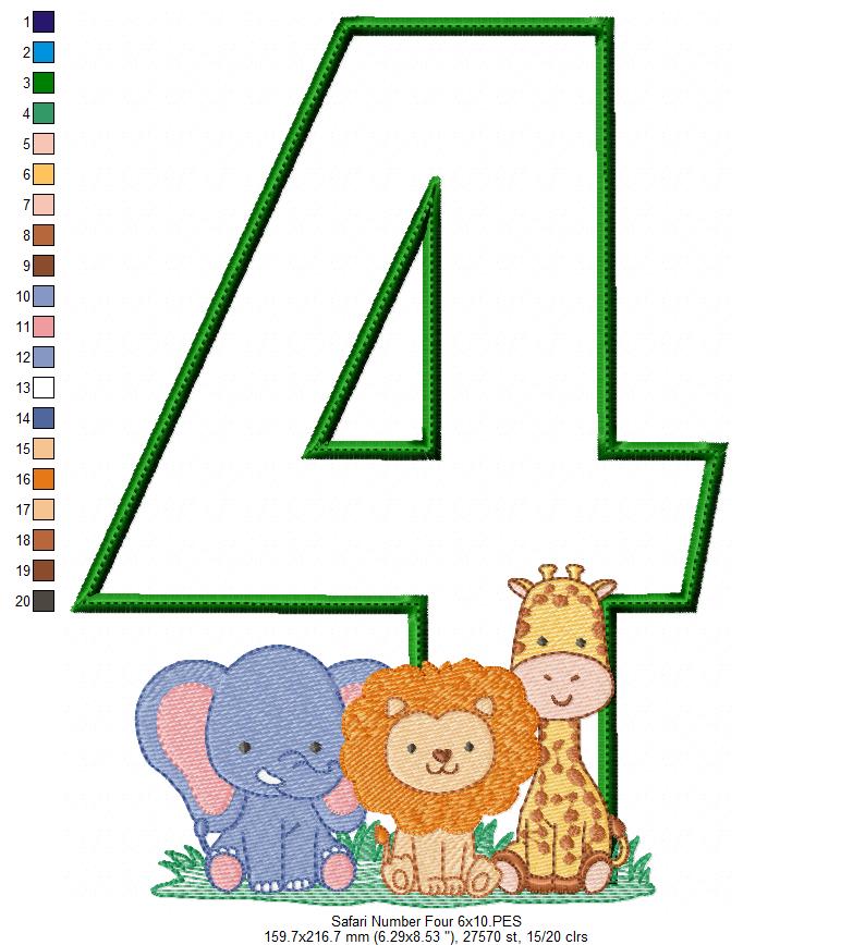 Safari Number Four 4th Birthday - Applique