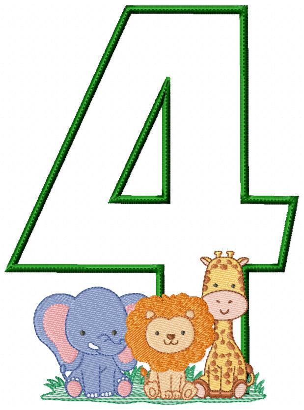 Safari Number Four 4th Birthday - Applique