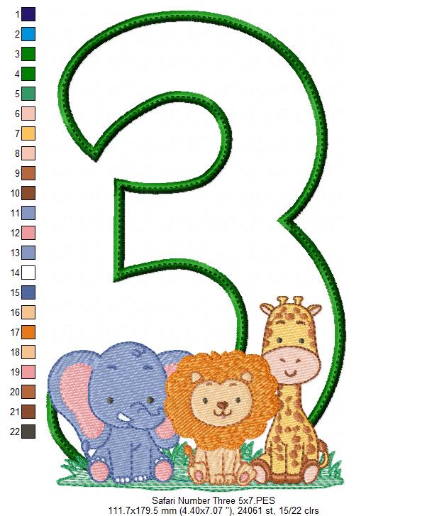 Safari Number Three 3rd Birthday - Applique