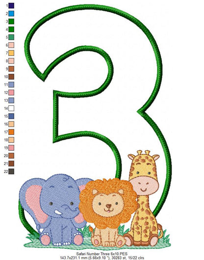 Safari Number Three 3rd Birthday - Applique