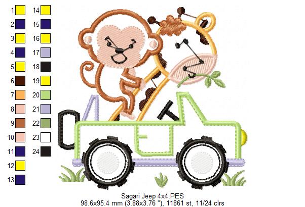Giraffe and Monkey Driving a Jeep - Safari - Applique