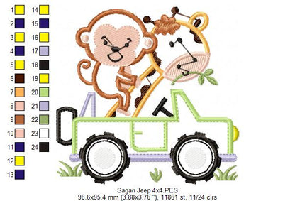 Giraffe and Monkey Driving a Jeep - Safari - Applique