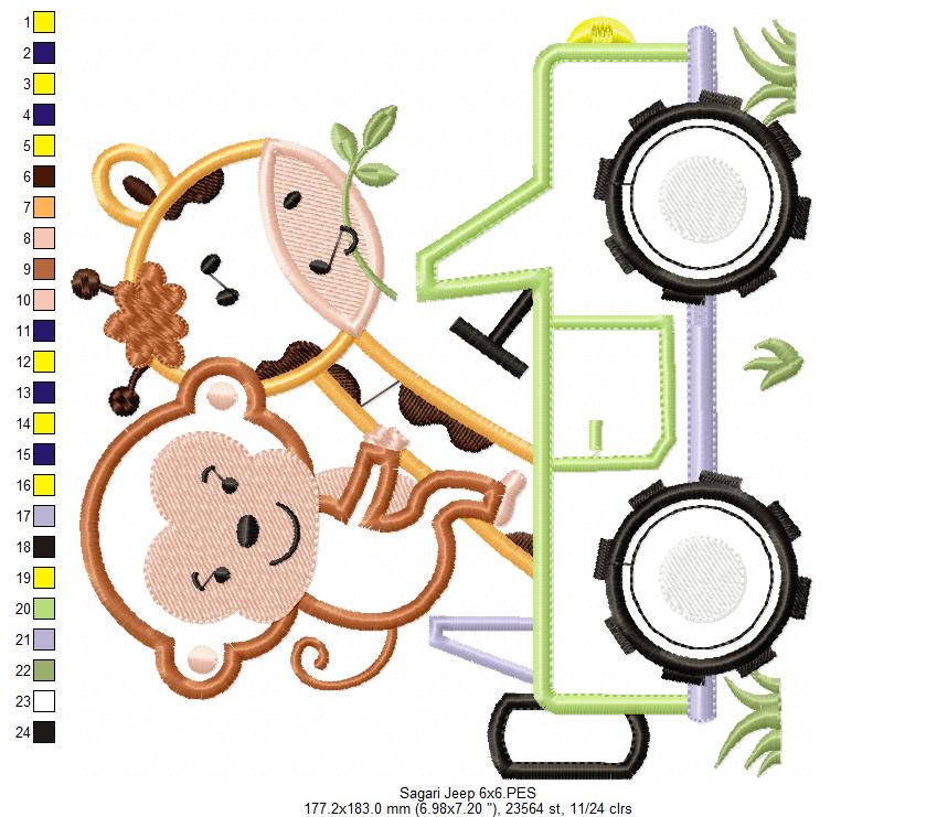 Giraffe and Monkey Driving a Jeep - Safari - Applique