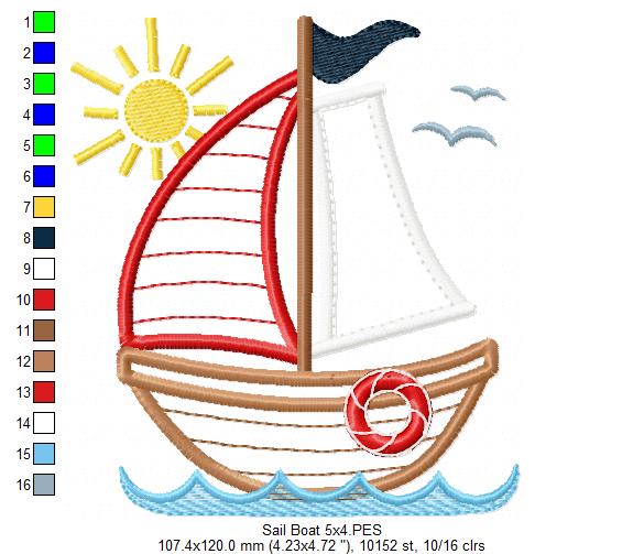 Sunny Sailboat - Applique Stitch - Machine Embroidery Design