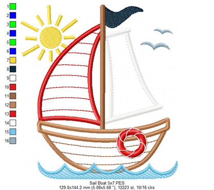 Sunny Sailboat - Applique Stitch - Machine Embroidery Design
