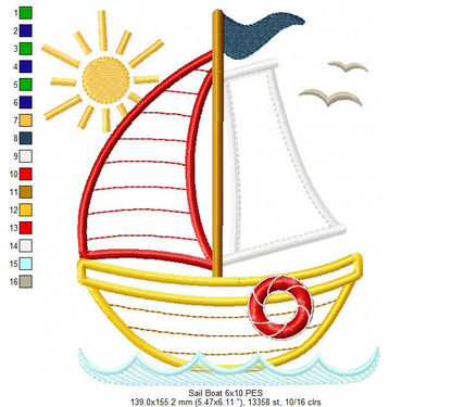 Sunny Sailboat - Applique Stitch - Machine Embroidery Design