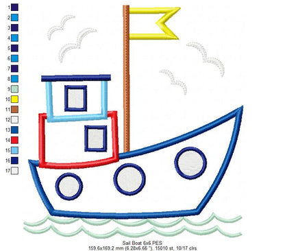 Sail Boat - Applique - Machine Embroidery Design