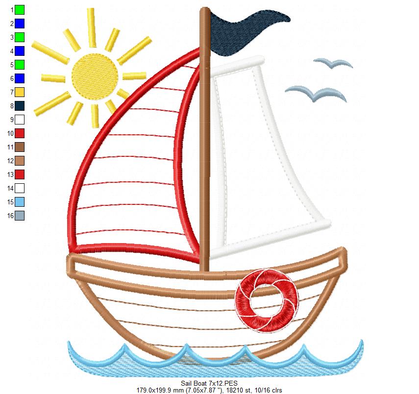 Sunny Sailboat - Applique Stitch - Machine Embroidery Design