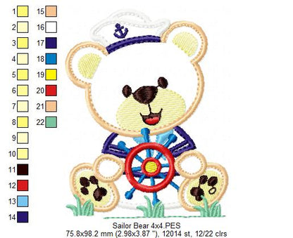 Sailor Teddy Bear Helm - Applique - Machine Embroidery Design