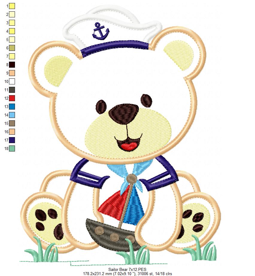 Sailor Teddy Bear Boat - Applique - Machine Embroidery Design