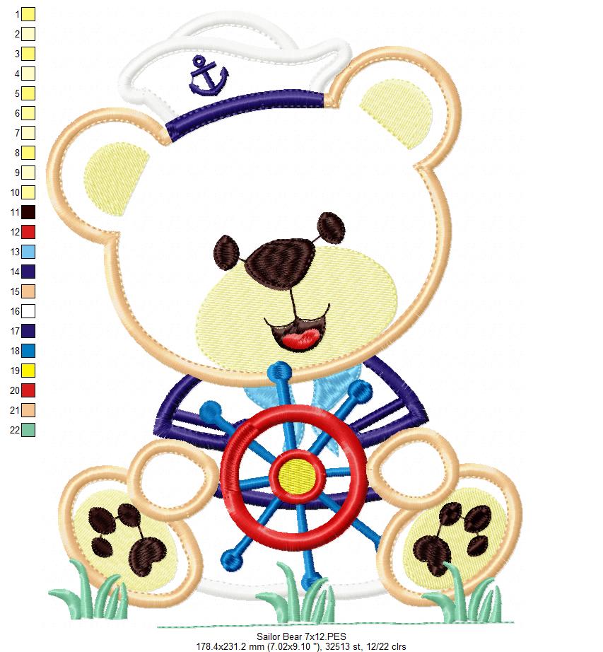 Sailor Teddy Bear Helm - Applique - Machine Embroidery Design