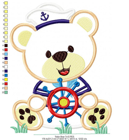 Sailor Teddy Bear Helm - Applique - Machine Embroidery Design