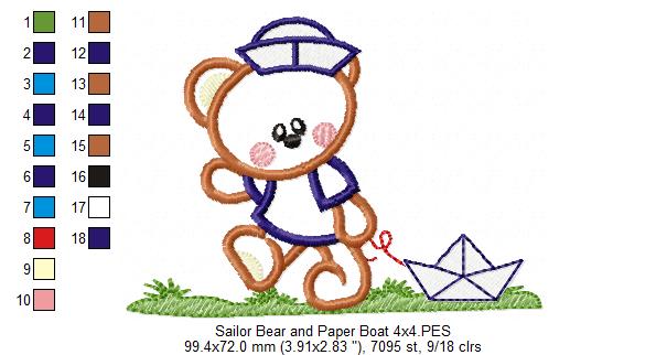 Sailor Teddy Bear and Paper Boat - Aplique - Machine Embroidery Design