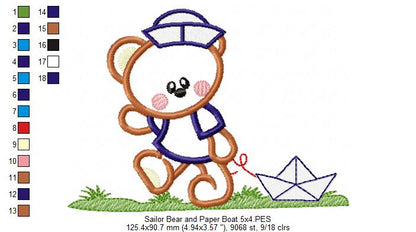 Sailor Teddy Bear and Paper Boat - Aplique - Machine Embroidery Design