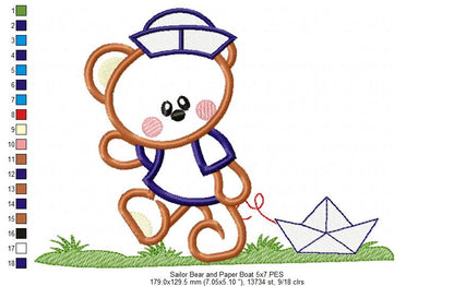 Sailor Teddy Bear and Paper Boat - Aplique - Machine Embroidery Design