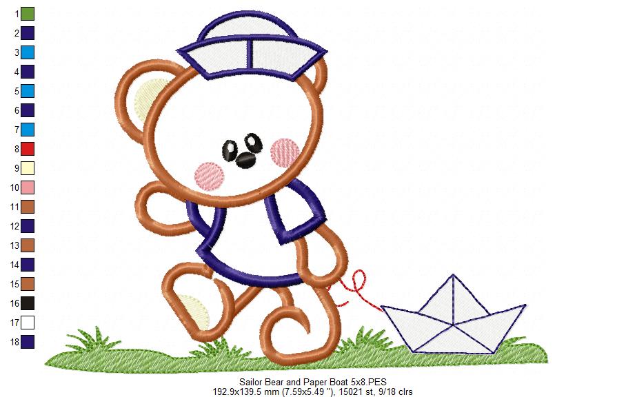 Sailor Teddy Bear and Paper Boat - Aplique - Machine Embroidery Design