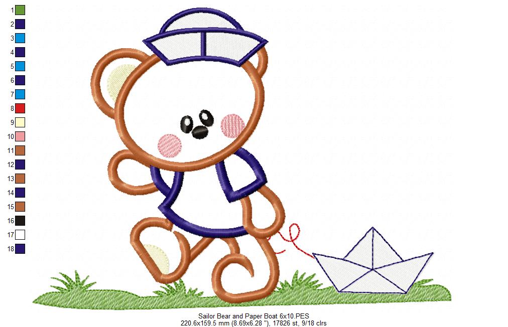Sailor Teddy Bear and Paper Boat - Aplique - Machine Embroidery Design