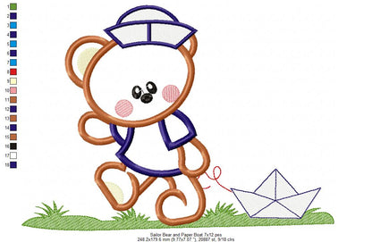 Sailor Teddy Bear and Paper Boat - Aplique - Machine Embroidery Design