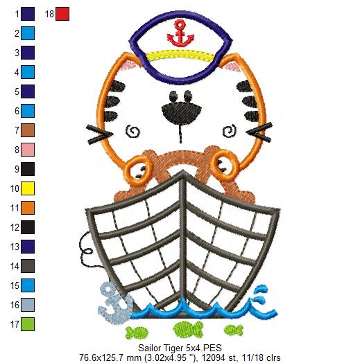 Sailor Tiger – Appliqué – Machine Embroidery Design