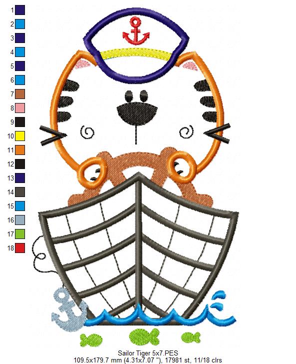 Sailor Tiger – Appliqué – Machine Embroidery Design
