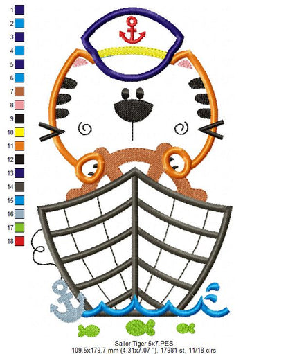Sailor Tiger – Appliqué – Machine Embroidery Design