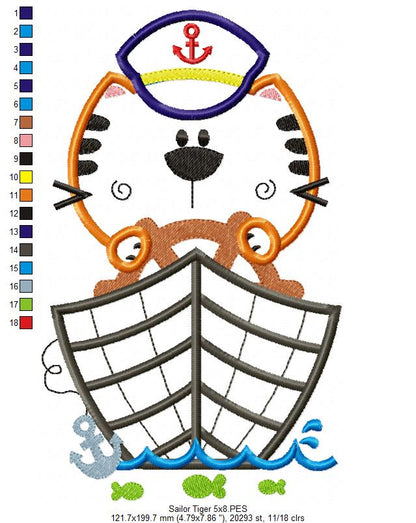 Sailor Tiger – Appliqué – Machine Embroidery Design