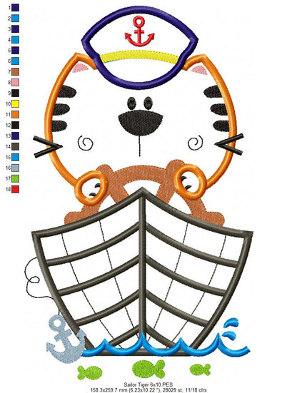 Sailor Tiger – Appliqué – Machine Embroidery Design