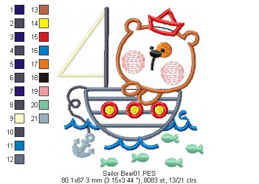 Sailor Bear  - Applique - Machine Embroidery Design